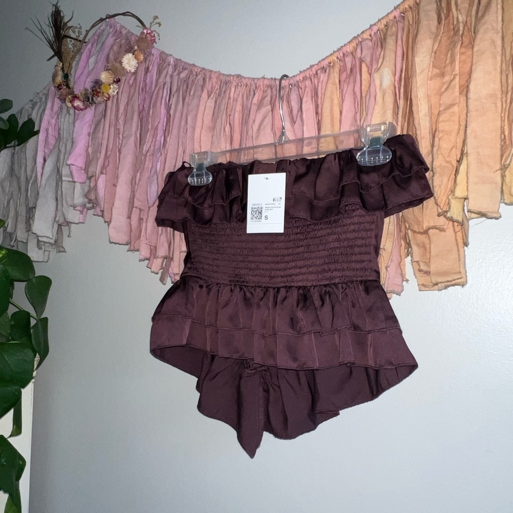 Forever 21 Corset Tie Peplum Ruffle Top Burgundy Brown SMALL - Picture 3 of 6